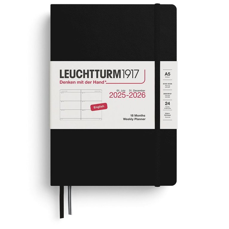 Kalender 2025-2026 Leuchtturm A5 Vecka/Uppslag horisontal 18mån svart 1