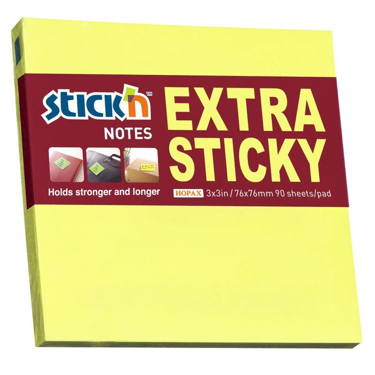 Notisblock Stick'n Extra Sticky 76x76mm gul, Övrigt