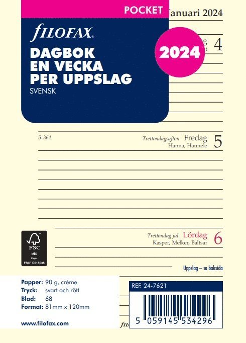 Kalendersats 2024 Dagbok Pocket Vecka/Uppslag SE 1