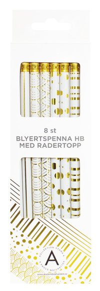 Blyertspenna med radertopp 8-pack vit/guld