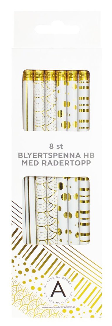 Blyertspenna med radertopp 8-pack vit/guld 1