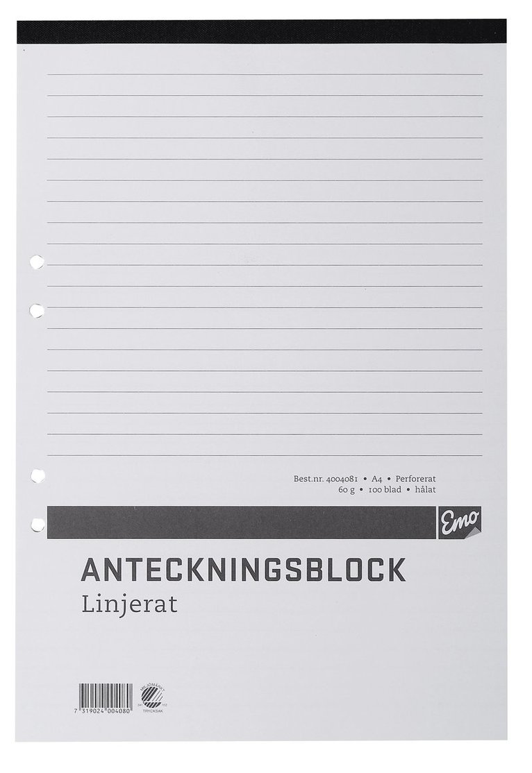 Klammerblock A4 linjerad, Övrigt