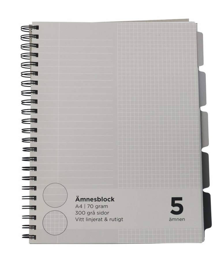 Ämnesblock A4 5 flikar - grå inlaga/vita linjer, Övrigt