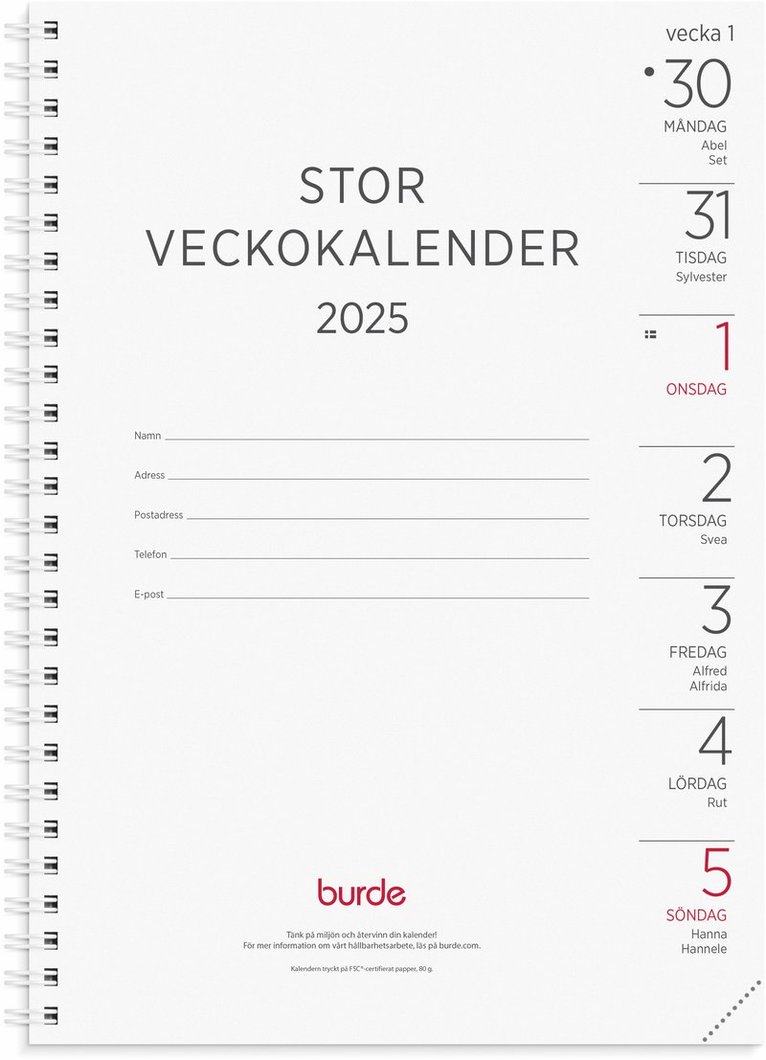 Kalender 2025 Stor Veckokalender refill 1