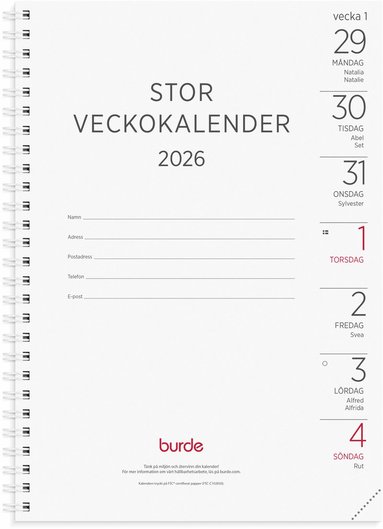 Kalender 2026 Stor Veckokalender refill 1