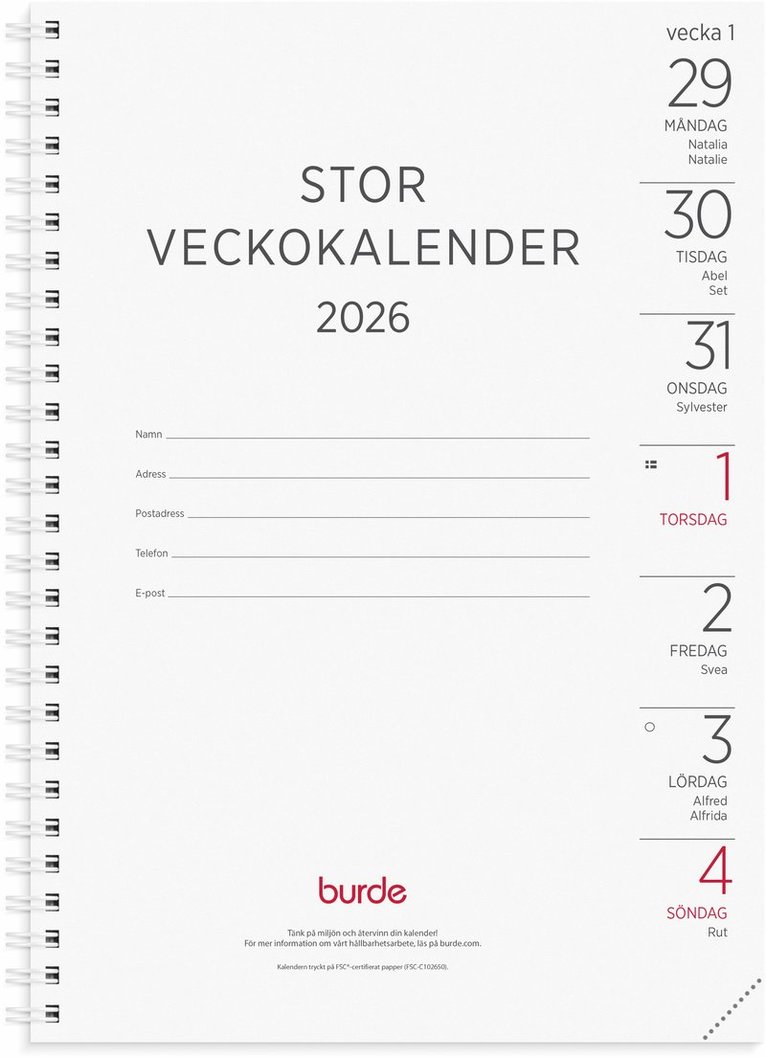 Kalender 2026 Stor Veckokalender refill, Övrigt