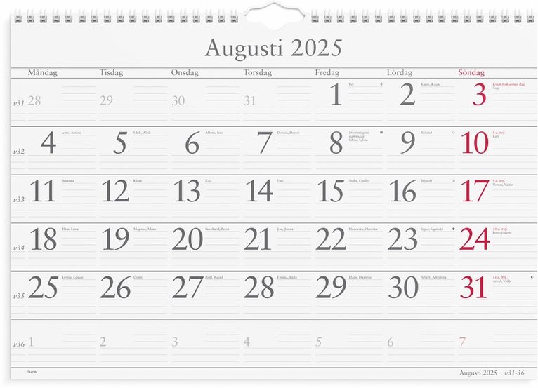 Väggkalender 2025 Månadskalendern, Övrigt