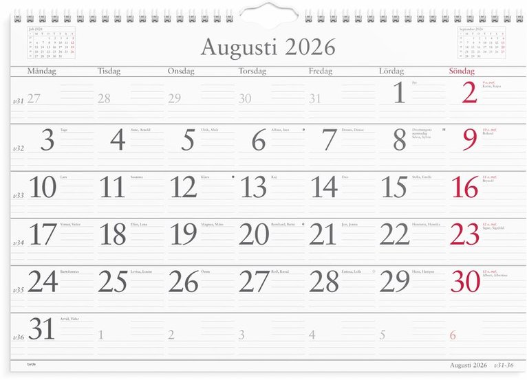 Väggkalender 2026 Månadskalendern, Övrigt