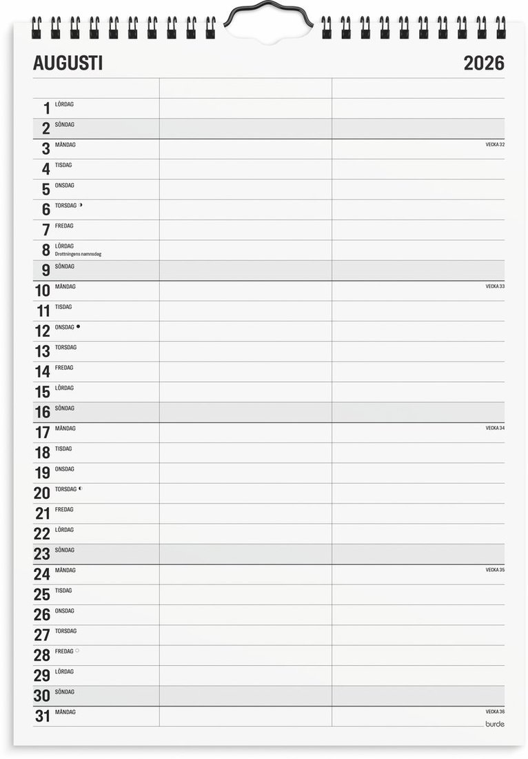 Familjekalender 2026 Black and white 2 kolumner, Övrigt