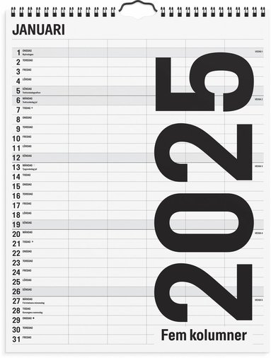 Familjekalender 2025 Black and white 5 kolumner 1