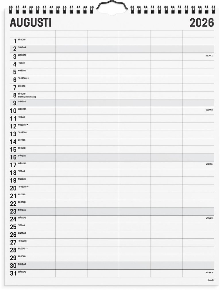 Familjekalender 2026 Black and white 5 kolumner, Övrigt