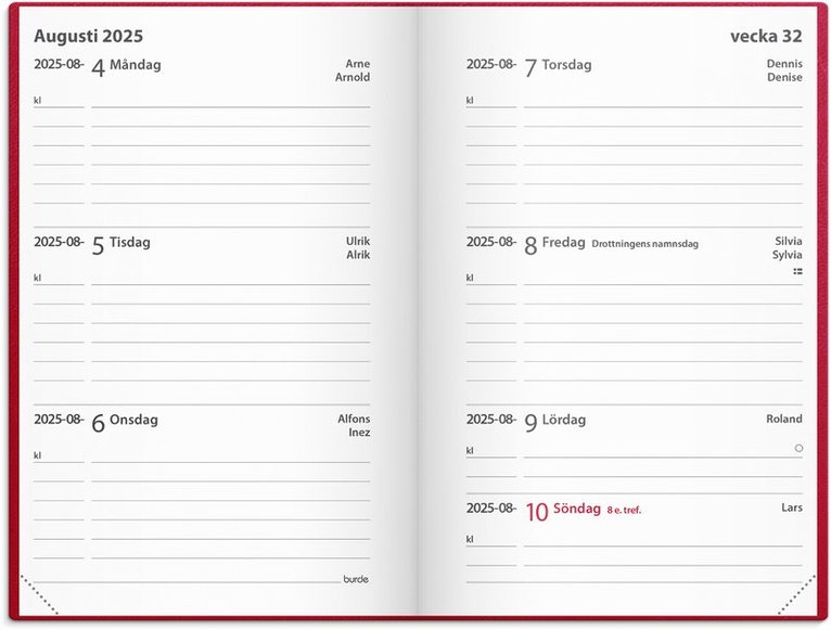Kalender 2025 Leader rött konstläder, Övrigt