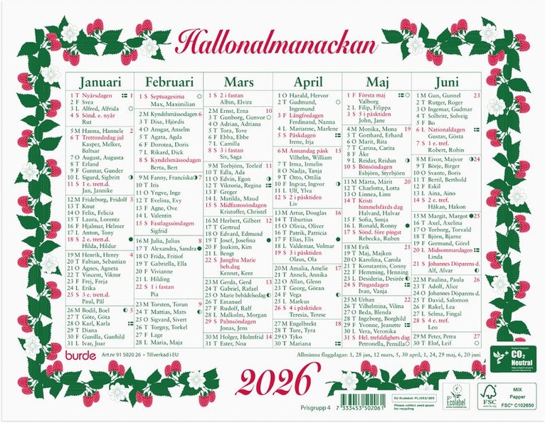 Väggkalender 2026 Lilla Hallonalmanackan, Övrigt