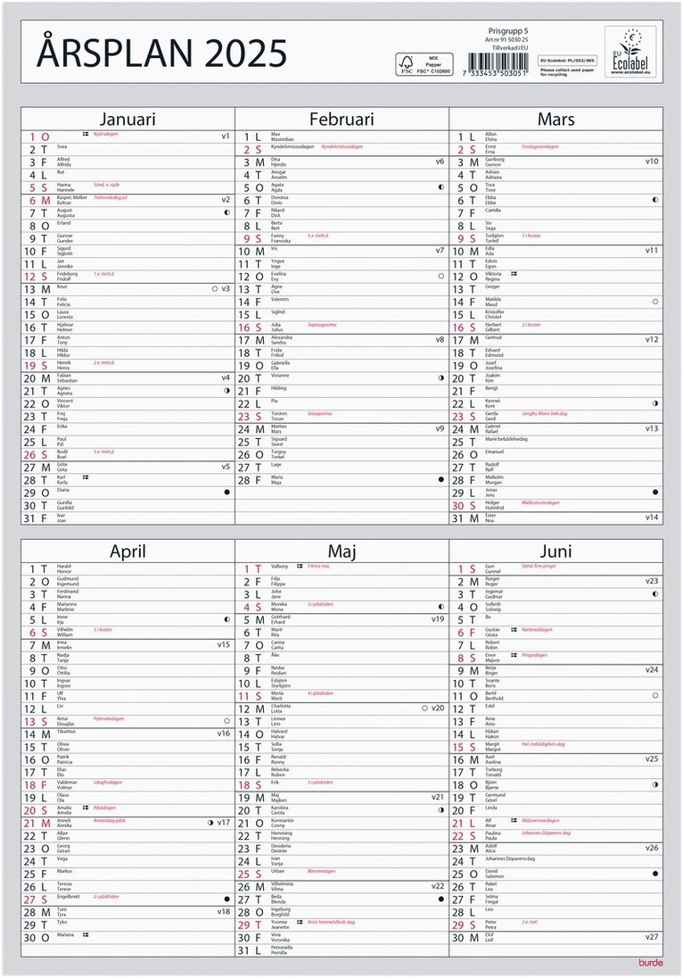 Väggkalender 2025 Årsplan, Övrigt