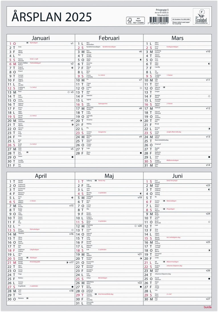 Väggkalender 2025 Årsplan 1