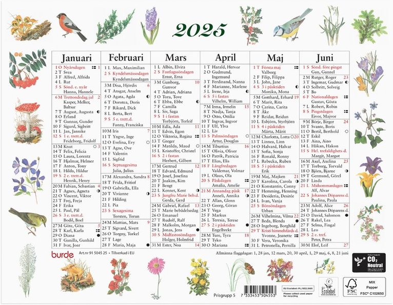 Väggkalender 2025 Lilla Naturalmanackan, Övrigt