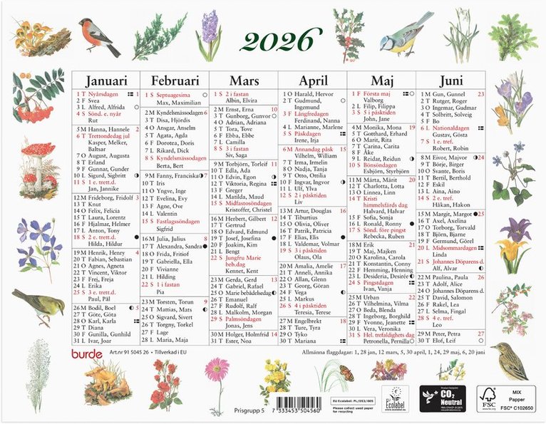 Väggkalender 2026 Lilla Naturalmanackan, Övrigt