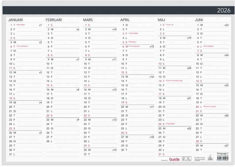 Väggkalender 2026 Väggblad Elegant 420x297mm, Övrigt
