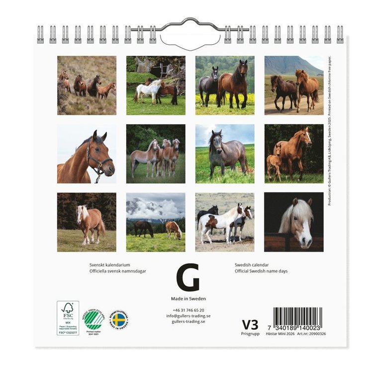 Väggkalender 2026 Hästar Mini, Övrigt