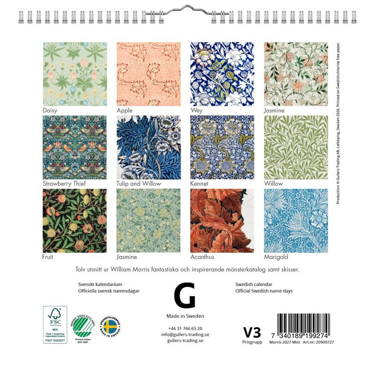 Väggkalender 2027 William Morris mini, Övrigt