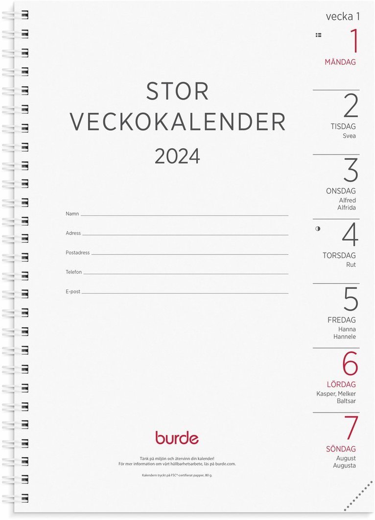 Kalender 2024 Stor Veckokalender refill 1