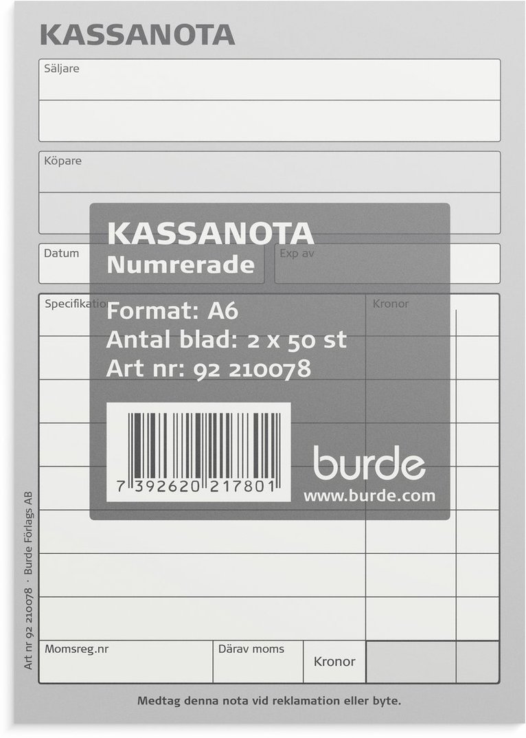 Kassanota A6, numrerad, 2 x 50 blad, Övrigt