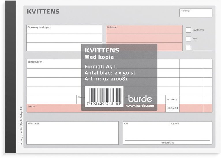 Kvittensblock A5L med 1 kopia, 2 x 50 blad, Övrigt