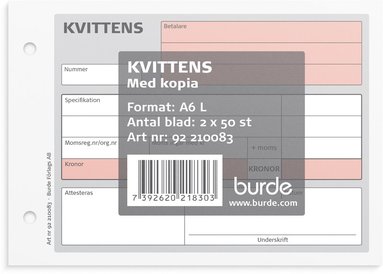 Kvittensblock A6L 2x50bl med 1 kopia  1