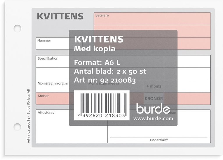 Kvittensblock A6L 2x50bl med 1 kopia