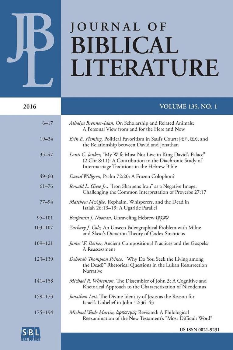 Adele Reinhartz - Journal of Biblical Literature 135.1 (2016), Häftad