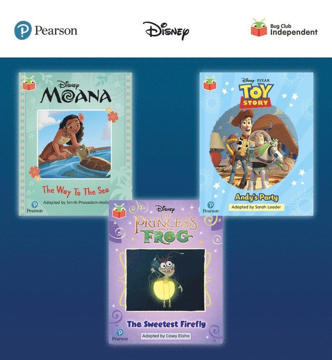 Pearson Bug Club Disney Year 1 Pack E, including decodable phonics readers for phase 5; Moana: The Way to the Sea, Toy Story: Andy's Party, The Princess and the Frog: The Sweetest Firefly 1