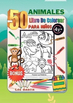 Libro Para Colorear de 50 Animales Para Nios 4+ Extra Parte Para Rastrear Las Palabras Visuales 1