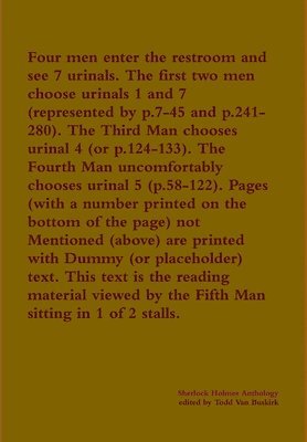 Four men enter the restroom and see 7 urinals. The first two men choose urinals 1 and 7 (represented by p.7-45 and  p.241-280). The Third Man chooses urinal 4 (or p.124-133). The Fourth Man 1