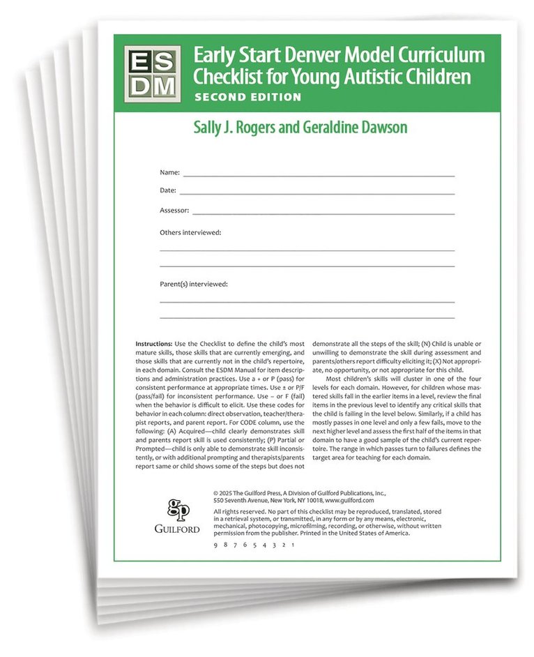 Sally J. Rogers, Geraldine Dawson, United States) Rogers, Sally J. (University of California, United States) Dawson, Geraldine (Duke University, Sally J Rogers - Early Start Denver Model Curriculum Checklist for Infants and Young Autistic Children, Second Edition, Häftad