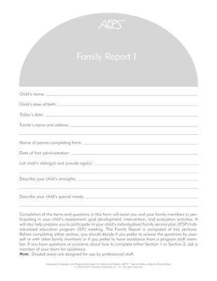 Diane Bricker, Betty Capt, Joann Johnson, Kristie Pretti-Frontczak, Kristine Slentz, Elizabeth Straka, Misti Waddell - Assessment, Evaluation, and Programming System for Infants and Children (Aeps(r)), Family Report I: Birth to Three Years, Häftad