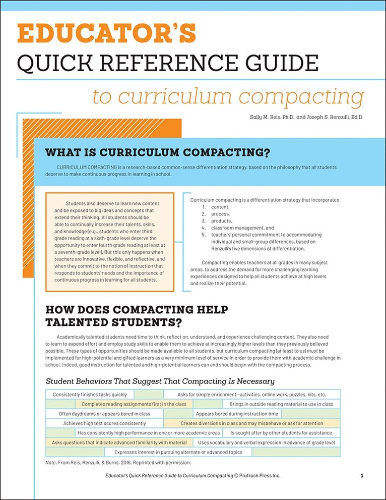 Sally M. Reis, Joseph Renzulli, Sally M Reis - Educator's Quick Reference Guide to Curriculum Compacting, Häftad