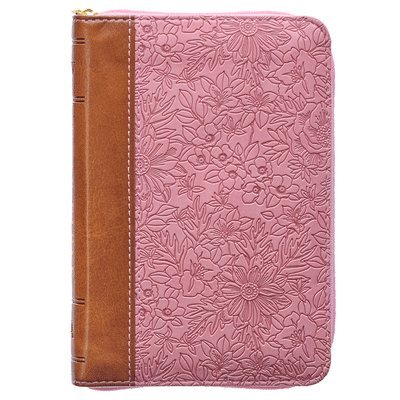 KJV Holy Bible, Mini Pocket Size, Faux Leather Red Letter Edition - Ribbon Marker, King James Version, Pink/Saddle Tan, Zipper Closure 1