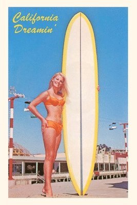 Vintage Journal Blonde Woman with Tall Surfboard, California 1
