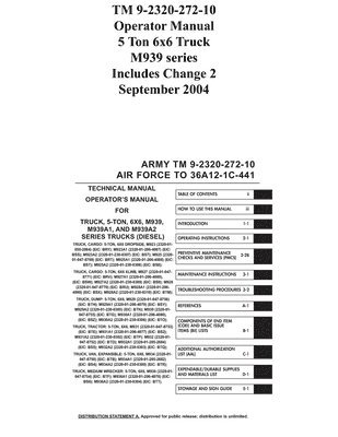 US Army - TM 9-2320-272-10 Operator Manual 5 Ton 6x6 Truck M939 series Includes Change 2 September 2004, Häftad