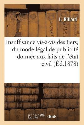 bokomslag de l'Insuffisance Vis-A-VIS Des Tiers, Du Mode Legal de Publicite Donnee, Aux Faits de l'Etat Civil