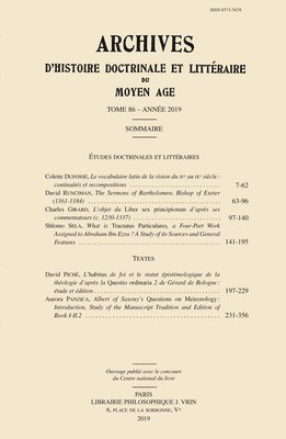 Aurora Panzica, David Piche - Archives d'Histoire Litteraire Et Doctrinale Du Moyen Age LXXXVI - 2019, Häftad