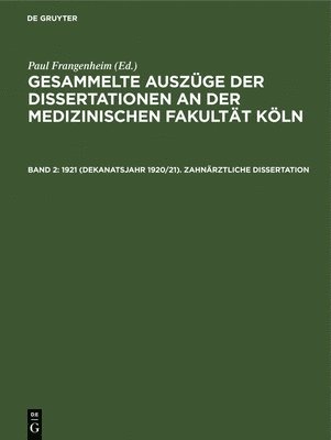 bokomslag 1921 (Dekanatsjahr 1920/21). Zahnärztliche Dissertation