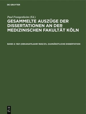 bokomslag 1921 (Dekanatsjahr 1920/21). Zahnrztliche Dissertation