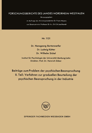 Hansgeorg Bartenwerfer, Ludwig Kötter, Wilhelm Sickel - Beiträge zum Problem der psychischen Beanspruchung, Häftad