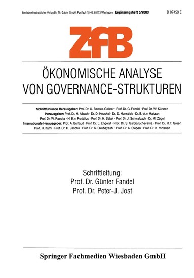 Günter Fandel, Peter-J. Jost - Ökonomische Analyse von Governance-Strukturen, Häftad