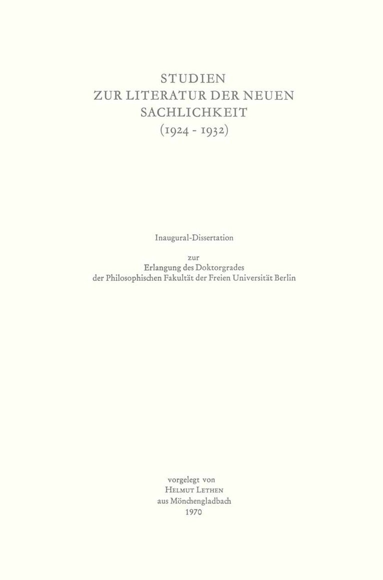 Helmut Lethen - Studien zur Literatur der Neuen Sachlichkeit (1924–1932), Inbunden