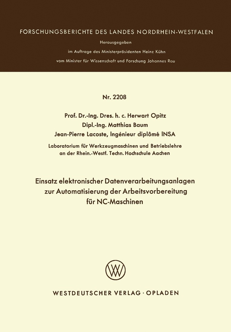 Einsatz elektronischer Datenverarbeitungsanlagen zur Automatisierung der Arbeitsvorbereitung für NC-Maschinen