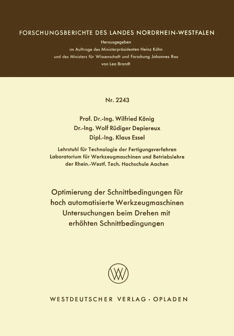 Optimierung der Schnittbedingungen fr hoch automatisierte Werkzeugmaschinen Untersuchung beim Drehen mit erhhten Schnittbedingungen 1