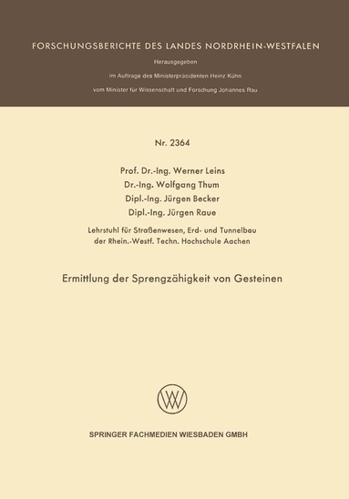 Werner Leins, Wolfgang Thum, Jürgen Becker, Jürgen Raue - Ermittlung der Sprengzähigkeit von Gesteinen, Häftad