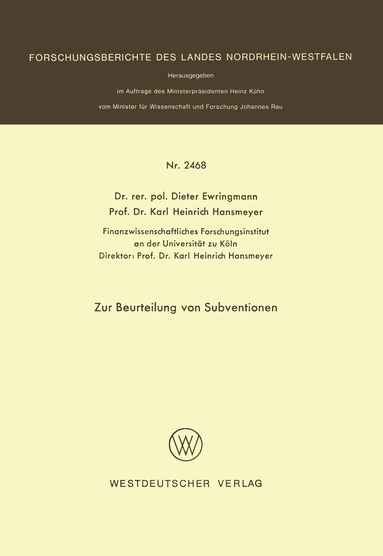 Dieter Ewringmann - Zur Beurteilung von Subventionen, Häftad